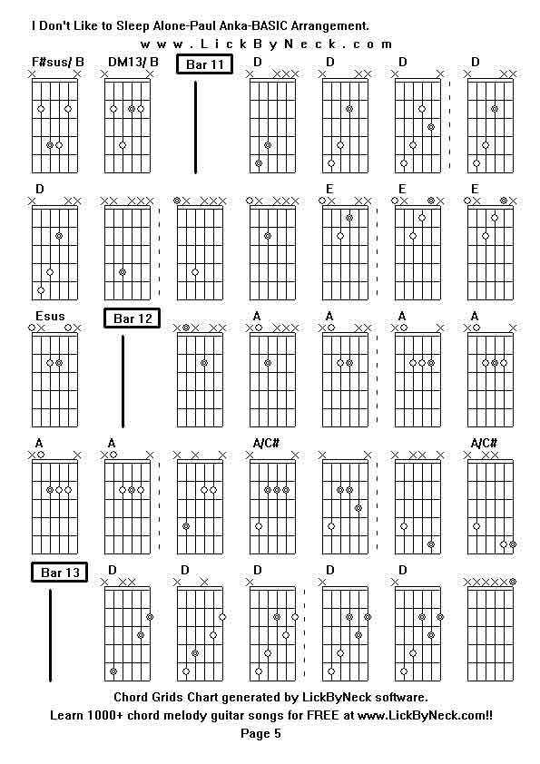 Chord Grids Chart of chord melody fingerstyle guitar song-I Don't Like to Sleep Alone-Paul Anka-BASIC Arrangement,generated by LickByNeck software.